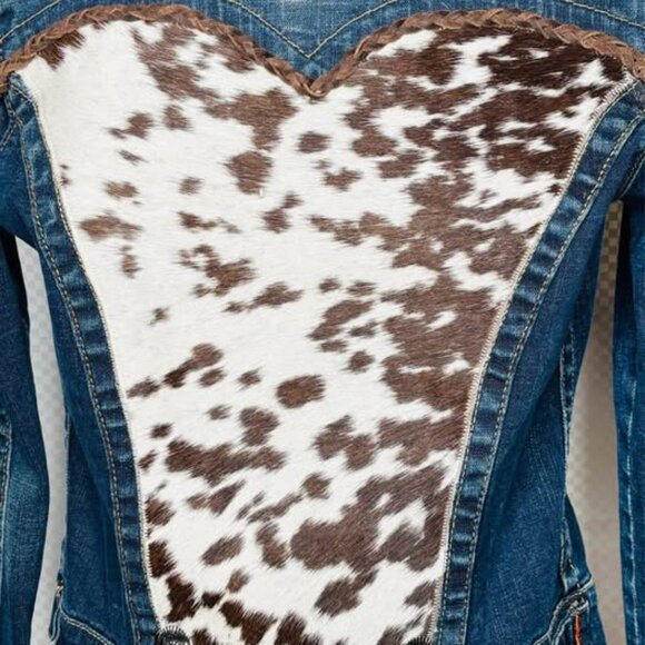 Upcycled True Religion Western Brown/white Cowhide Jean Jacket concho accent-XS - Picture 5 of 6